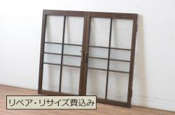 アンティーク建具　古い木味が魅力のマス目(升目)格子のガラス戸1枚(引き戸)(R-067341)