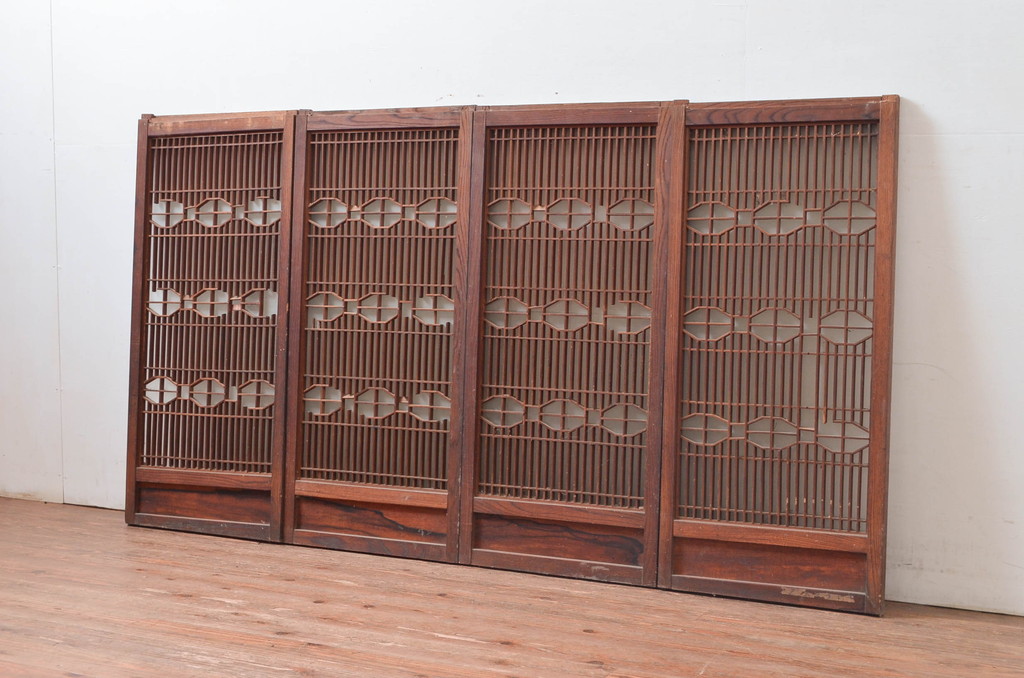 アンティーク建具　特注品!!　片面ガラス　枠欅(ケヤキ)材・腰板黒柿材　上質な和空間を演出してくれる書院戸4枚セット(ガラス戸、引き戸、窓、組子)(R-080494)