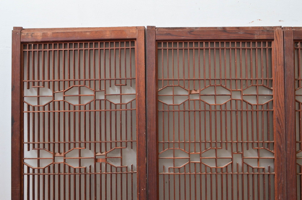 アンティーク建具　特注品!!　片面ガラス　枠欅(ケヤキ)材・腰板黒柿材　上質な和空間を演出してくれる書院戸4枚セット(ガラス戸、引き戸、窓、組子)(R-080494)