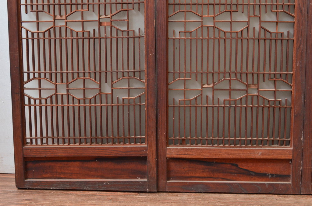 アンティーク建具　特注品!!　片面ガラス　枠欅(ケヤキ)材・腰板黒柿材　上質な和空間を演出してくれる書院戸4枚セット(ガラス戸、引き戸、窓、組子)(R-080494)