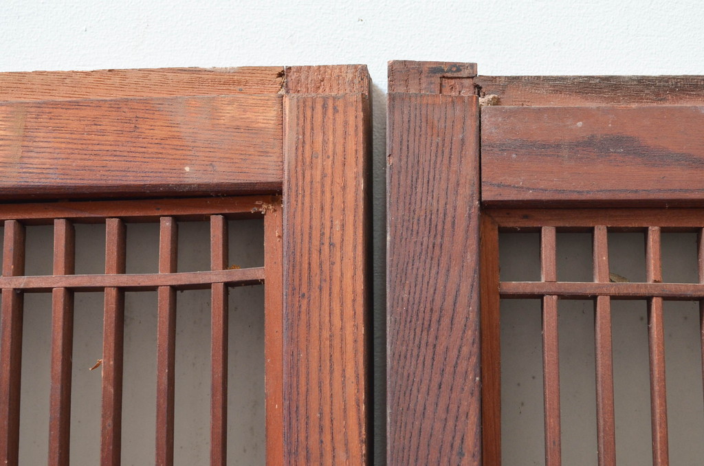 アンティーク建具　特注品!!　片面ガラス　枠欅(ケヤキ)材・腰板黒柿材　上質な和空間を演出してくれる書院戸4枚セット(ガラス戸、引き戸、窓、組子)(R-080494)
