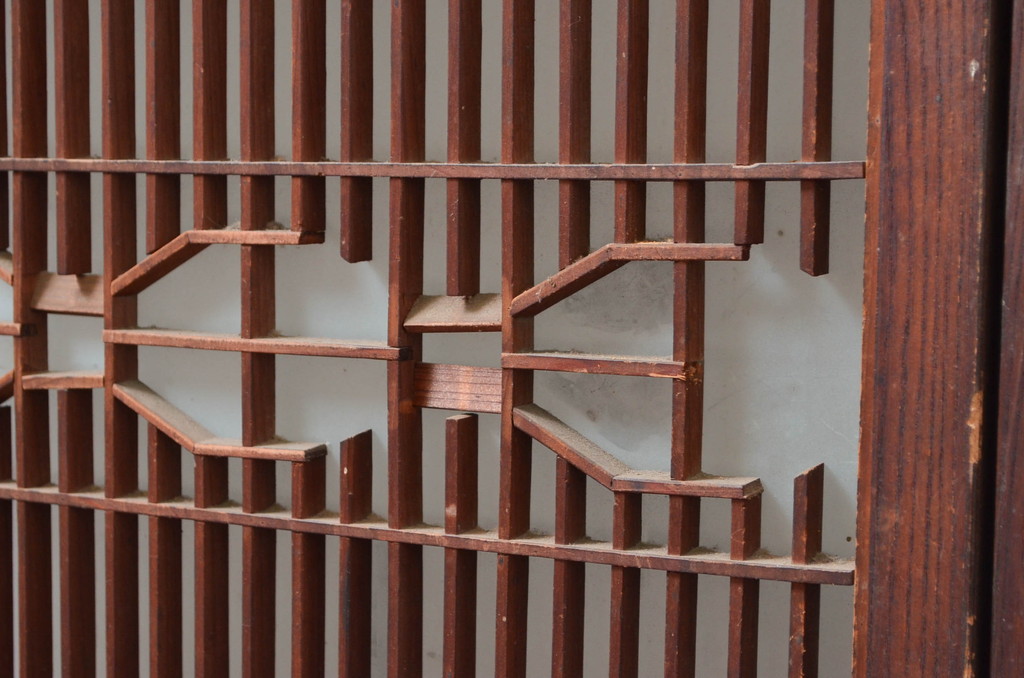 アンティーク建具　特注品!!　片面ガラス　枠欅(ケヤキ)材・腰板黒柿材　上質な和空間を演出してくれる書院戸4枚セット(ガラス戸、引き戸、窓、組子)(R-080494)