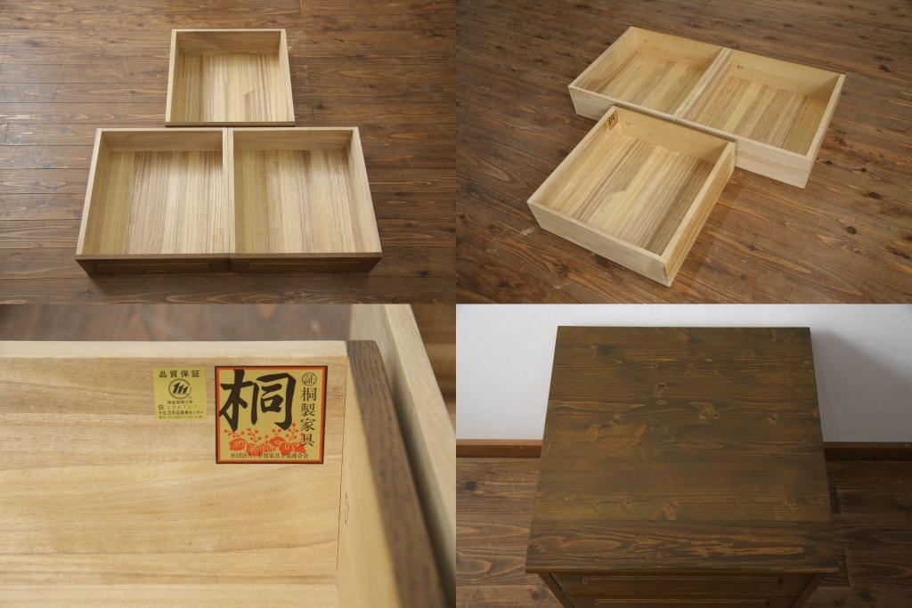 重ね箪笥を4つのチェストにリメイク!元の引き出しのセパレート部分を縦に分割。それぞれ天板、側面、台輪を付けて小さなチェストに。ワントーン落ち着いた色に着色仕上げ。
