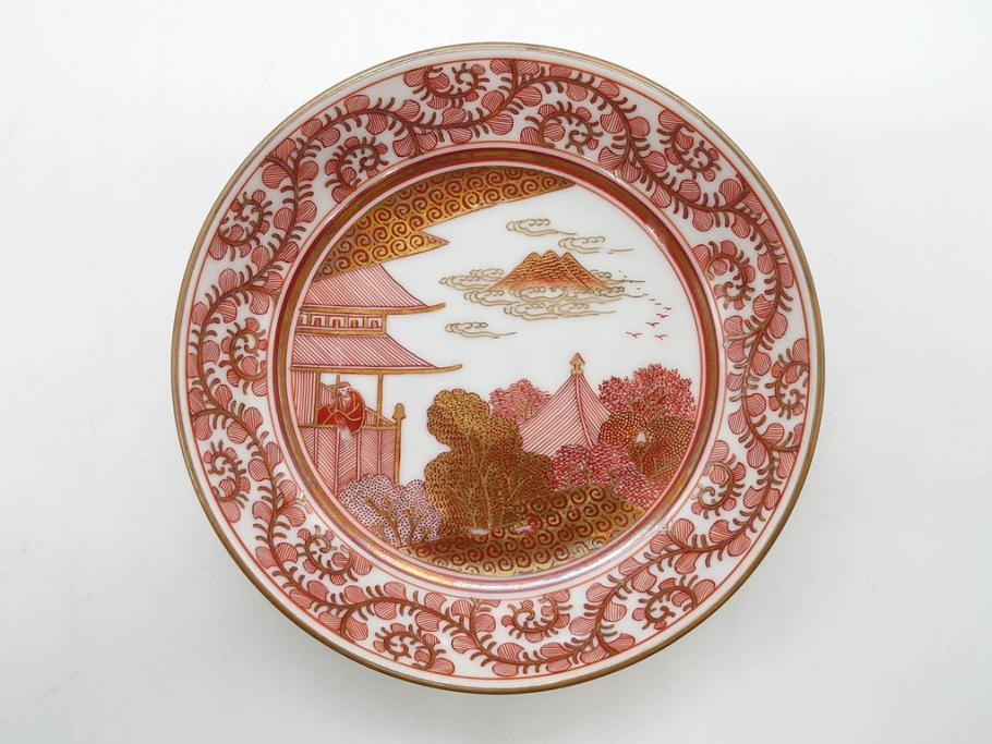 明治期　九谷　金襴手　赤絵　約12cm　3.9寸　華やかな色合いが美しい小皿5枚セット(金彩、和皿、和食器、三寸九分)(R-075477)