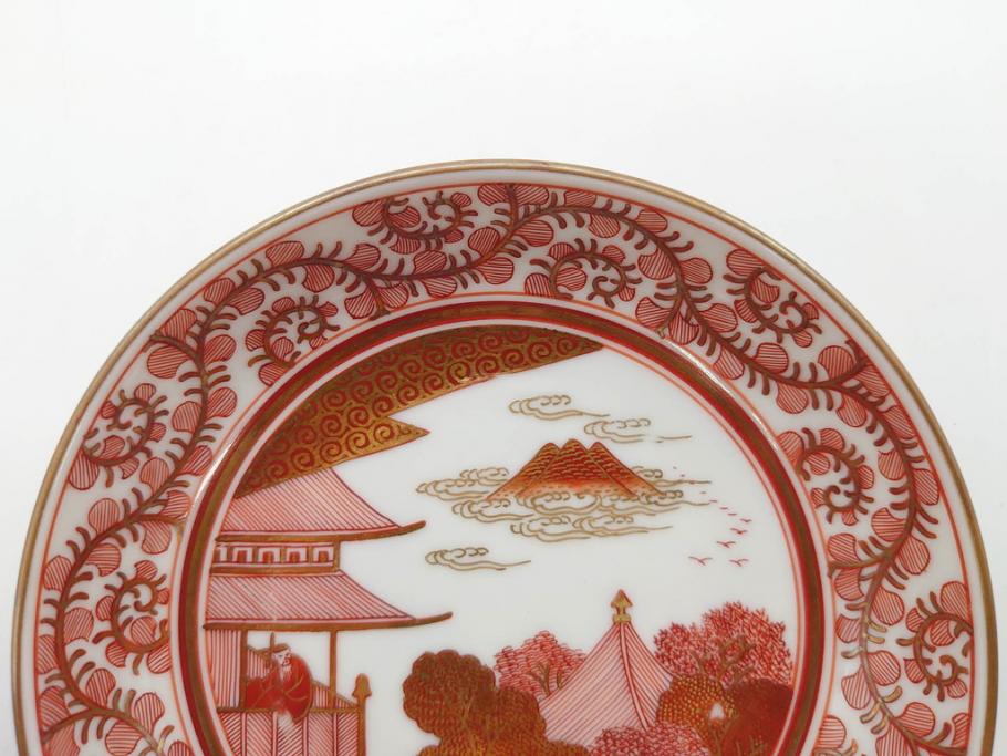 明治期　九谷　金襴手　赤絵　約12cm　3.9寸　華やかな色合いが美しい小皿5枚セット(金彩、和皿、和食器、三寸九分)(R-075477)
