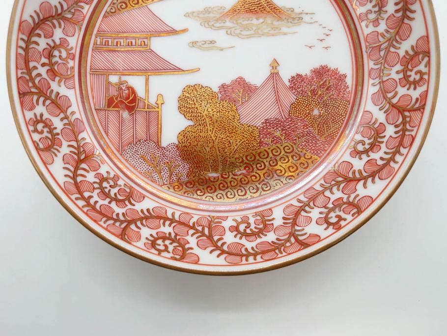 趣楽】 希少 明治時代 九谷焼 鏑木製 細密絵付け能画図変り小皿