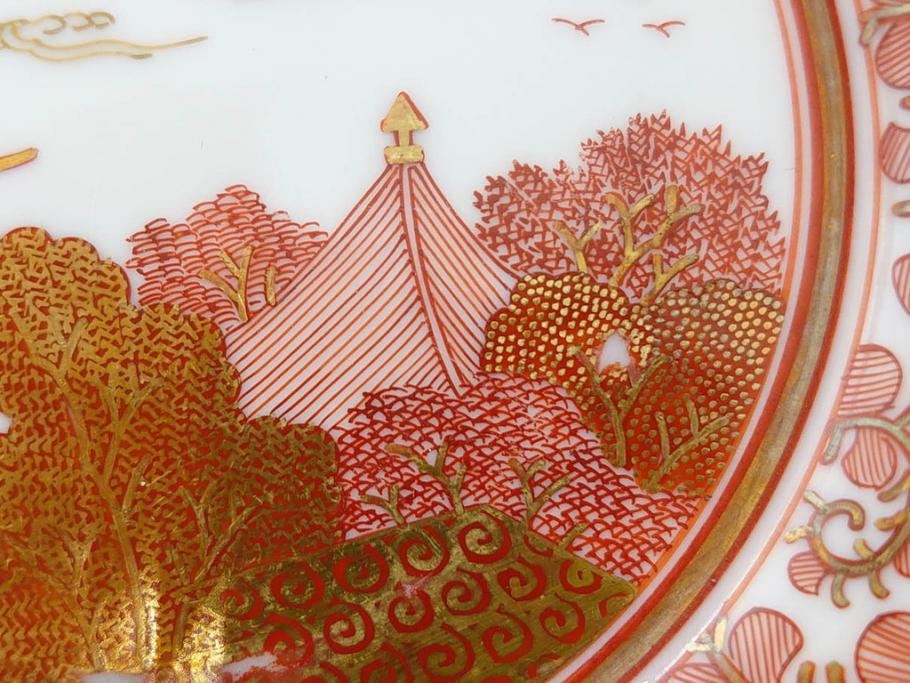 明治期　九谷　金襴手　赤絵　約12cm　3.9寸　華やかな色合いが美しい小皿5枚セット(金彩、和皿、和食器、三寸九分)(R-075477)