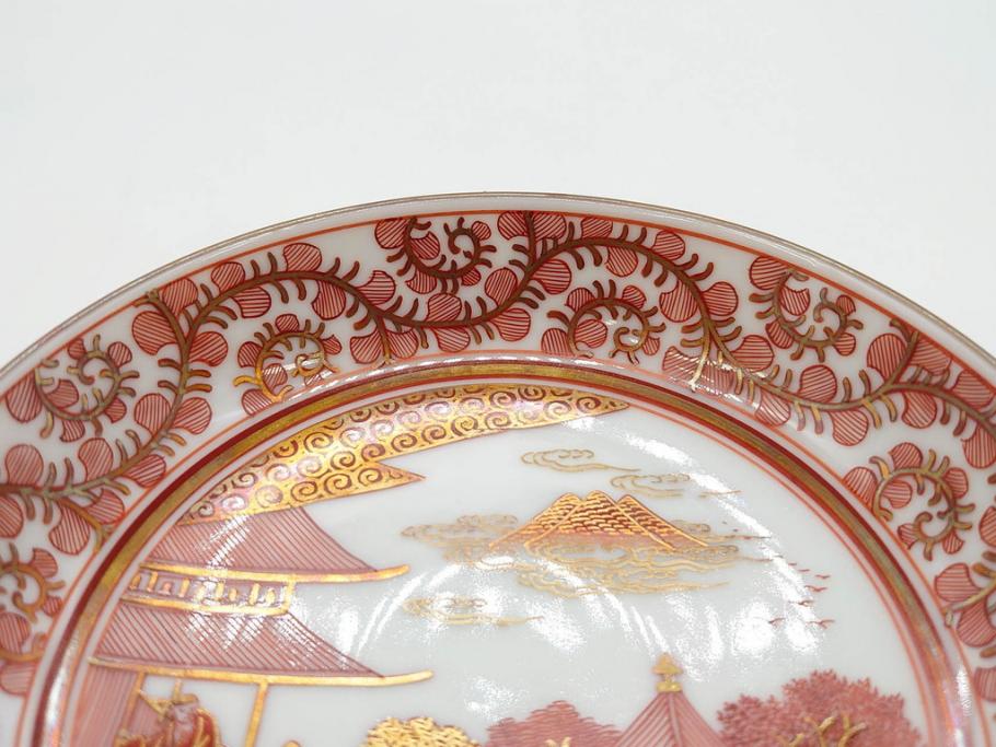 明治期　九谷　金襴手　赤絵　約12cm　3.9寸　華やかな色合いが美しい小皿5枚セット(金彩、和皿、和食器、三寸九分)(R-075477)