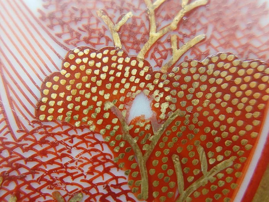 明治期　九谷　金襴手　赤絵　約12cm　3.9寸　華やかな色合いが美しい小皿5枚セット(金彩、和皿、和食器、三寸九分)(R-075477)