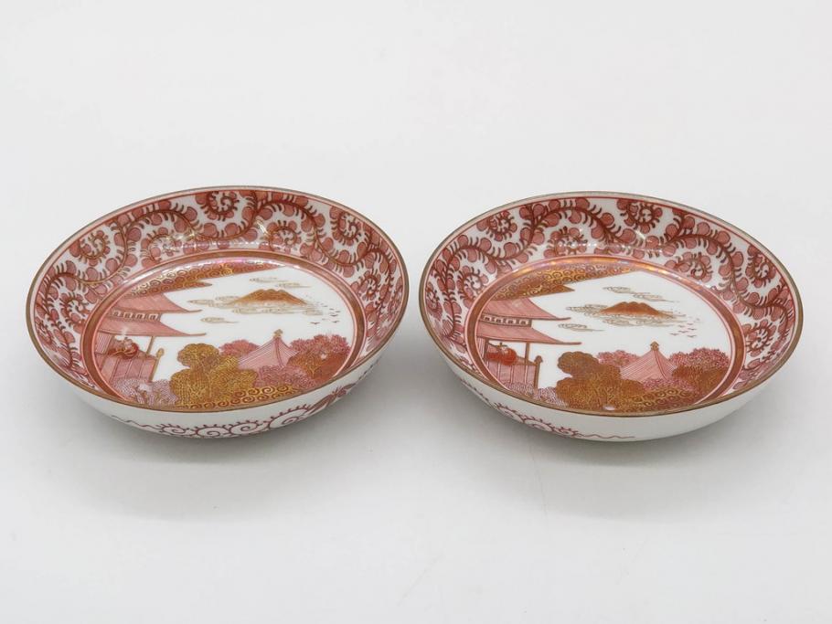 明治期　九谷　金襴手　赤絵　約12cm　3.9寸　華やかな色合いが美しい小皿5枚セット(金彩、和皿、和食器、三寸九分)(R-075477)