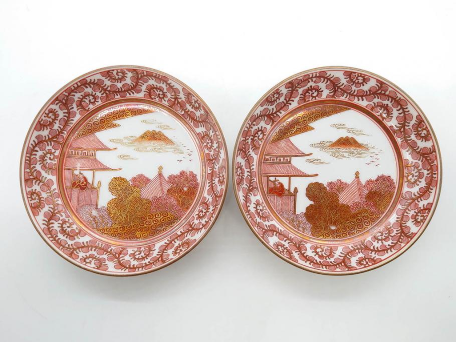 明治期　九谷　金襴手　赤絵　約12cm　3.9寸　華やかな色合いが美しい小皿5枚セット(金彩、和皿、和食器、三寸九分)(R-075477)