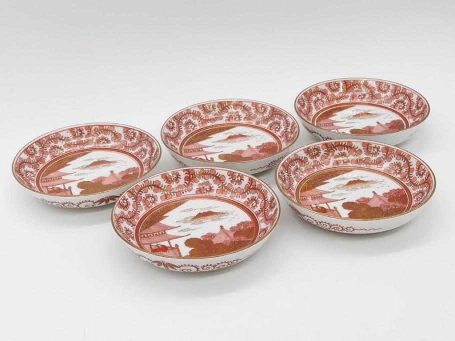 明治期　九谷　金襴手　赤絵　約12cm　3.9寸　華やかな色合いが美しい小皿5枚セット(金彩、和皿、和食器、三寸九分)(R-075523)