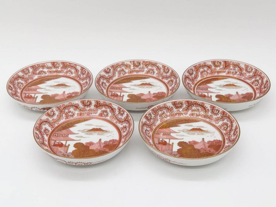 明治期　九谷　金襴手　赤絵　約12cm　3.9寸　華やかな色合いが美しい小皿5枚セット(金彩、和皿、和食器、三寸九分)(R-075523)