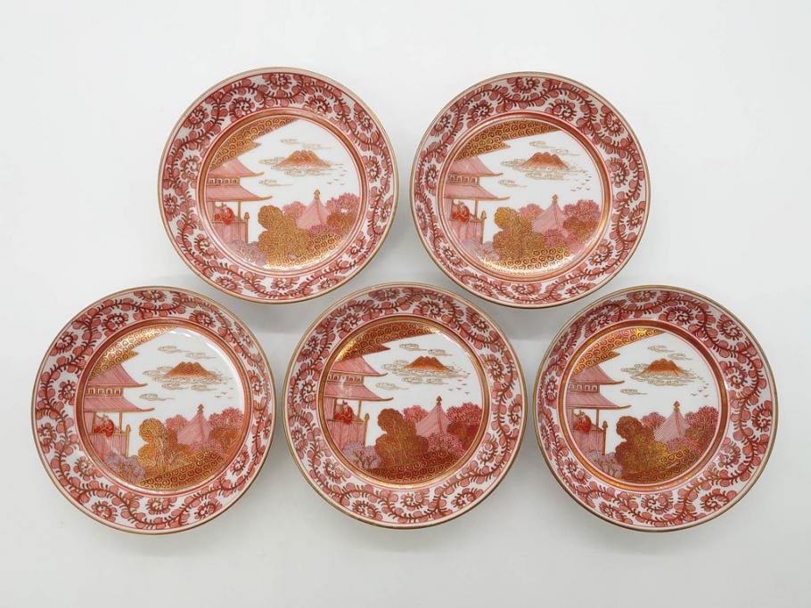 明治期　九谷　金襴手　赤絵　約12cm　3.9寸　華やかな色合いが美しい小皿5枚セット(金彩、和皿、和食器、三寸九分)(R-075523)