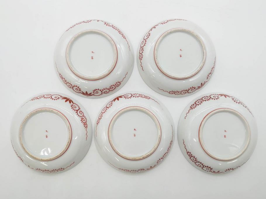 明治期　九谷　金襴手　赤絵　約12cm　3.9寸　華やかな色合いが美しい小皿5枚セット(金彩、和皿、和食器、三寸九分)(R-075523)