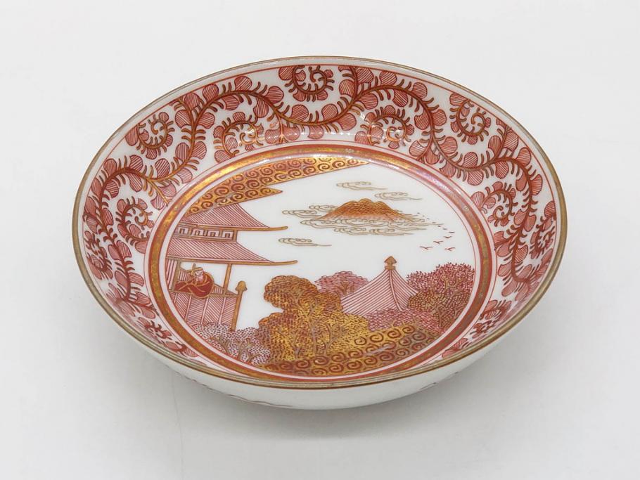 明治期　九谷　金襴手　赤絵　約12cm　3.9寸　華やかな色合いが美しい小皿5枚セット(金彩、和皿、和食器、三寸九分)(R-075523)
