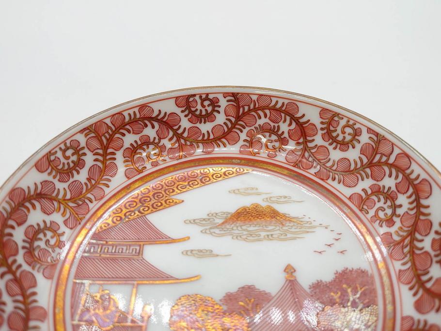 明治期　九谷　金襴手　赤絵　約12cm　3.9寸　華やかな色合いが美しい小皿5枚セット(金彩、和皿、和食器、三寸九分)(R-075523)