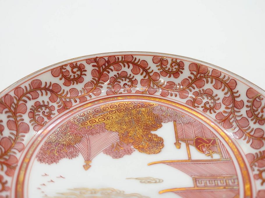 明治期　九谷　金襴手　赤絵　約12cm　3.9寸　華やかな色合いが美しい小皿5枚セット(金彩、和皿、和食器、三寸九分)(R-075523)