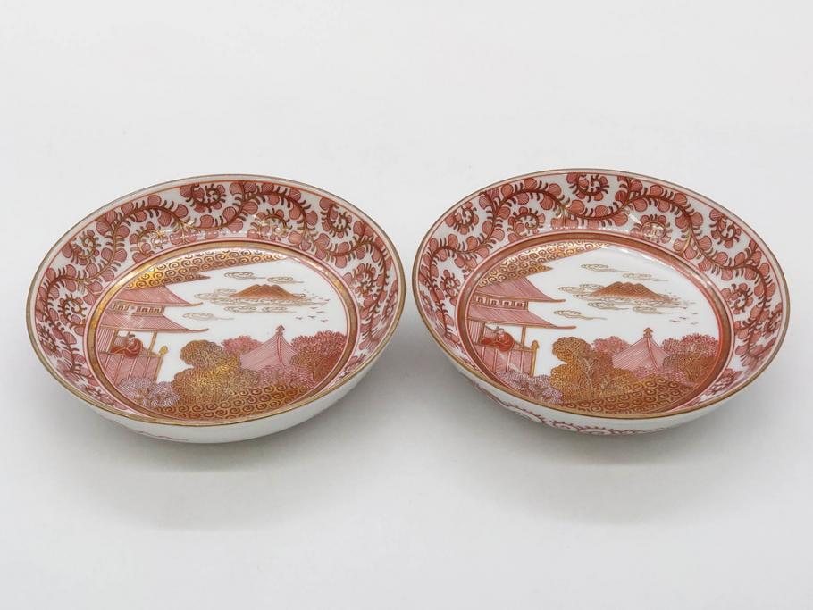 明治期　九谷　金襴手　赤絵　約12cm　3.9寸　華やかな色合いが美しい小皿5枚セット(金彩、和皿、和食器、三寸九分)(R-075523)
