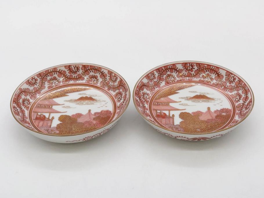 明治期　九谷　金襴手　赤絵　約12cm　3.9寸　華やかな色合いが美しい小皿5枚セット(金彩、和皿、和食器、三寸九分)(R-075523)