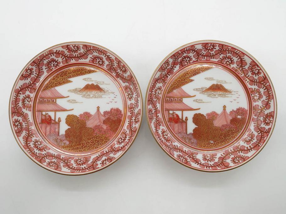 明治期　九谷　金襴手　赤絵　約12cm　3.9寸　華やかな色合いが美しい小皿5枚セット(金彩、和皿、和食器、三寸九分)(R-075523)