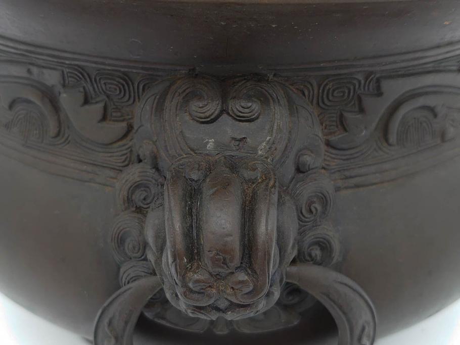 明治期　大明宣徳年製　鳳凰　紋双龍耳　古銅　重厚感ある佇まいと洗練されたデザインが素敵な火鉢(手あぶり、鉢カバー)(R-075526)