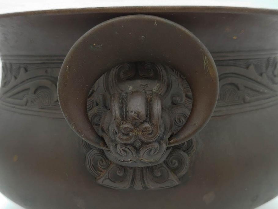 明治期　大明宣徳年製　鳳凰　紋双龍耳　古銅　重厚感ある佇まいと洗練されたデザインが素敵な火鉢(手あぶり、鉢カバー)(R-075526)