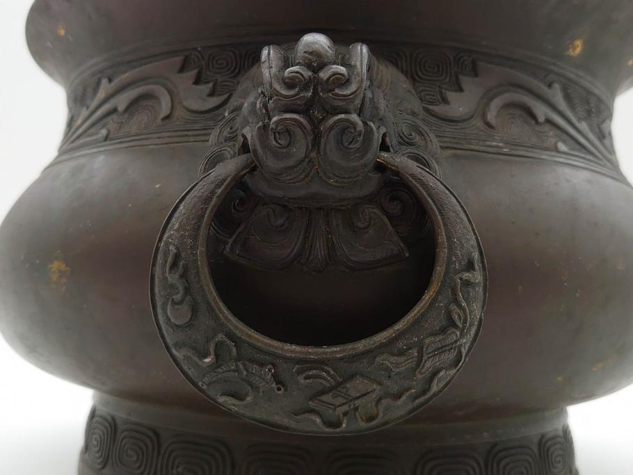 明治期　大明宣徳年製　鳳凰　紋双龍耳　古銅　重厚感ある佇まいと洗練されたデザインが素敵な火鉢(手あぶり、鉢カバー)(R-075526)