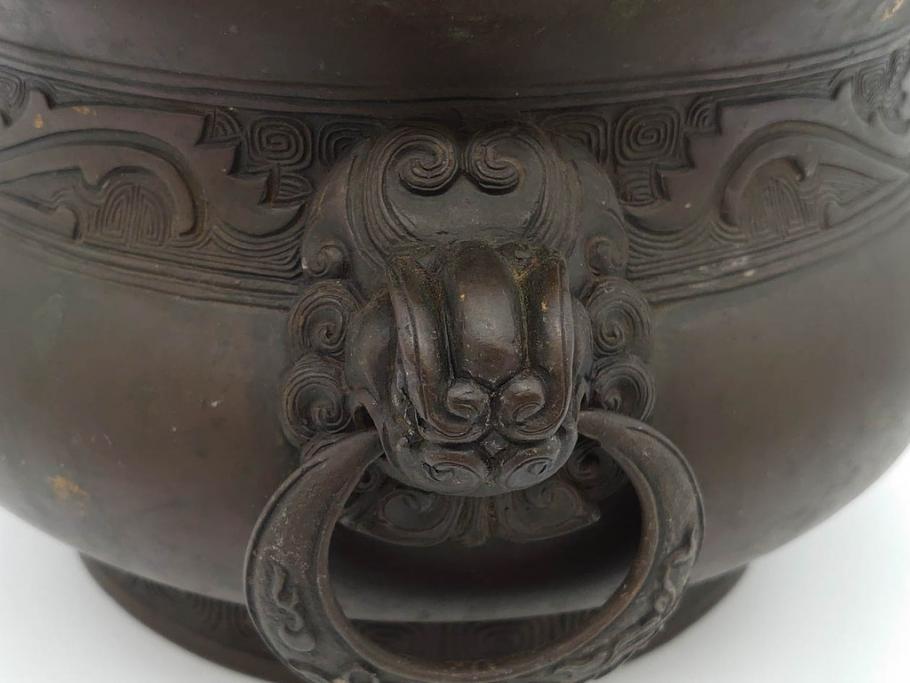 明治期　大明宣徳年製　鳳凰　紋双龍耳　古銅　重厚感ある佇まいと洗練されたデザインが素敵な火鉢(手あぶり、鉢カバー)(R-075526)