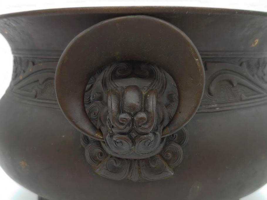 明治期　大明宣徳年製　鳳凰　紋双龍耳　古銅　重厚感ある佇まいと洗練されたデザインが素敵な火鉢(手あぶり、鉢カバー)(R-075526)