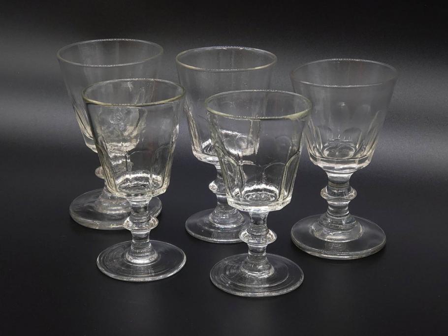 明治～大正時代　レトロな雰囲気が魅力のリキュールグラス5客セット(古グラス、和ガラス、酒器、硝子、ショット、酒杯、高台)(R-075532)