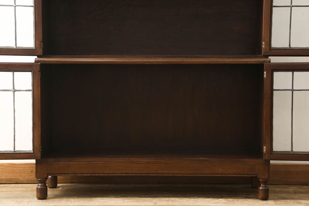 イギリスアンティーク　Lloyd's Antiques(ロイズ・アンティークス)　マホガニー材　ステンドグラス入り　直線的なデザインがスマートで美しいスタッキングブックケース(本箱、収納棚、戸棚、キャビネット)(R-061084)