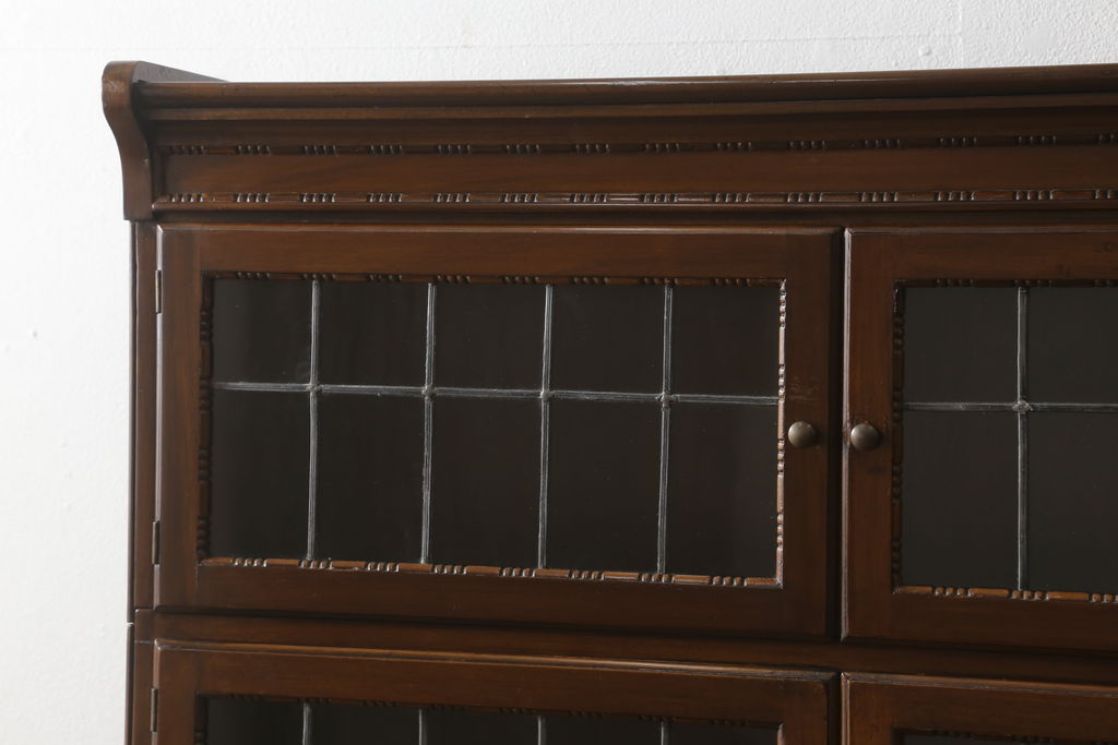 イギリスアンティーク　Lloyd's Antiques(ロイズ・アンティークス)　マホガニー材　ステンドグラス入り　直線的なデザインがスマートで美しいスタッキングブックケース(本箱、収納棚、戸棚、キャビネット)(R-061084)