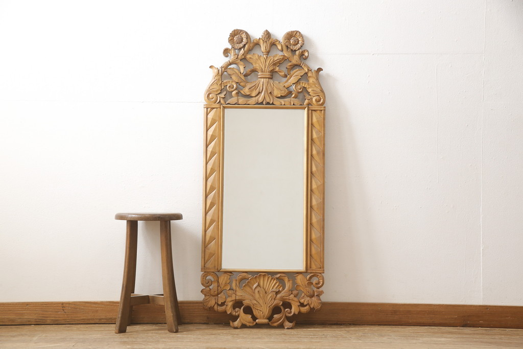 和製アンティーク　極上品!　彫刻の素晴らしい壁掛け鏡(ウォールミラー)(R-057485)