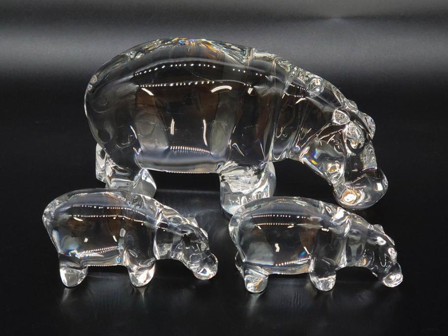 フランス　Baccarat　バカラ　カバ　美しい透明感が魅力の置物3点セット(動物、アニマル、オブジェ、ディスプレイ、フルレッドクリスタルガラス)(R-081480)