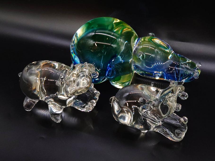イタリア　V. NASON&C MURANO　ムラノガラス　カバ　愛嬌を感じる置物3点セット(動物、アニマル、ムラーノガラス、ベネチアンガラス、ヴェネチアングラス、オブジェ、ディスプレイ)(R-081481)