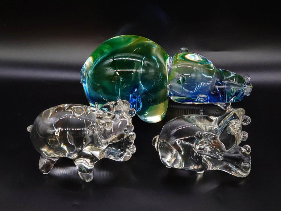 イタリア　V. NASON&C MURANO　ムラノガラス　カバ　愛嬌を感じる置物3点セット(動物、アニマル、ムラーノガラス、ベネチアンガラス、ヴェネチアングラス、オブジェ、ディスプレイ)(R-081481)