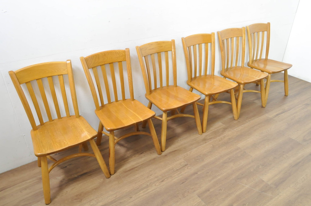 中古　柏木工(カシワ木工、KASHIWA)　楢(ナラ)材　木の温かみある風合いが魅力的なダイニングチェア6脚セット(板座チェア、イス、椅子、バラ売り可能)(R-080674)