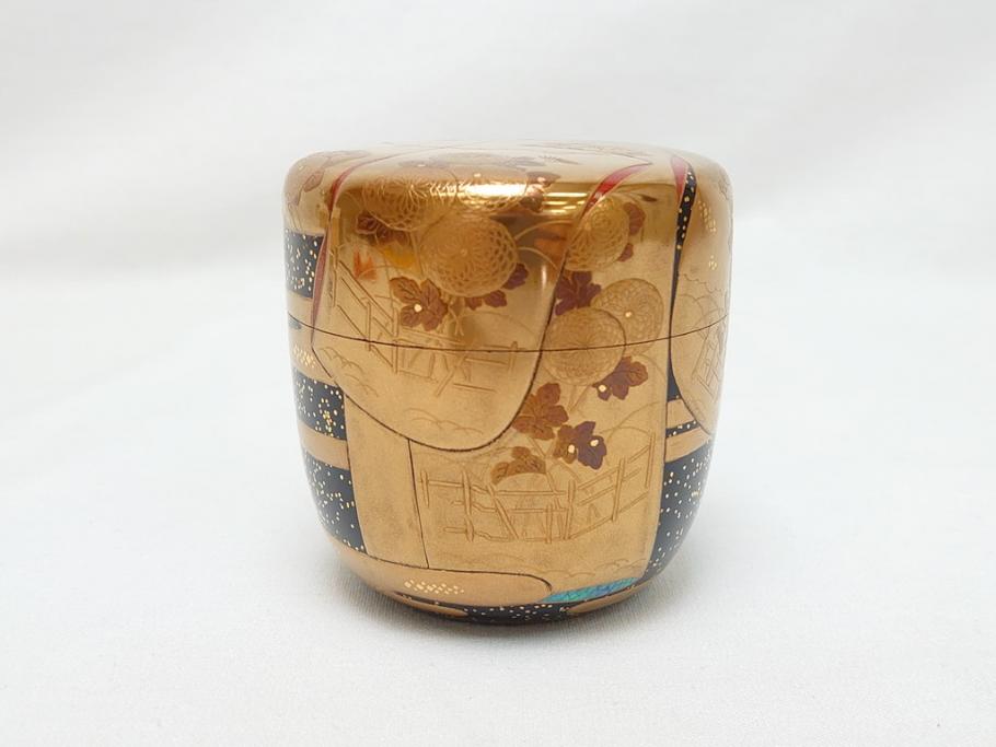 山中漆器　伝統工芸士　蒔絵師　吉田華正(利昭)　誰ヶ袖　秋柄　蒔絵　大棗(共箱付き、鹿の子梨子地、誰が袖、草花、菊、螺鈿)(R-062824)