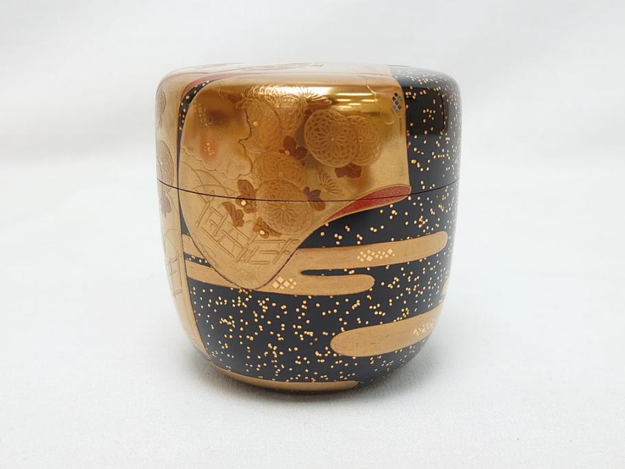 山中漆器　伝統工芸士　蒔絵師　吉田華正(利昭)　誰ヶ袖　秋柄　蒔絵　大棗(共箱付き、鹿の子梨子地、誰が袖、草花、菊、螺鈿)(R-062824)