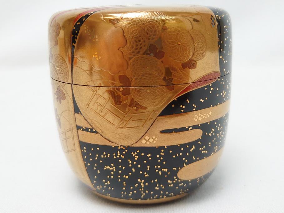 山中漆器　伝統工芸士　蒔絵師　吉田華正(利昭)　誰ヶ袖　秋柄　蒔絵　大棗(共箱付き、鹿の子梨子地、誰が袖、草花、菊、螺鈿)(R-062824)