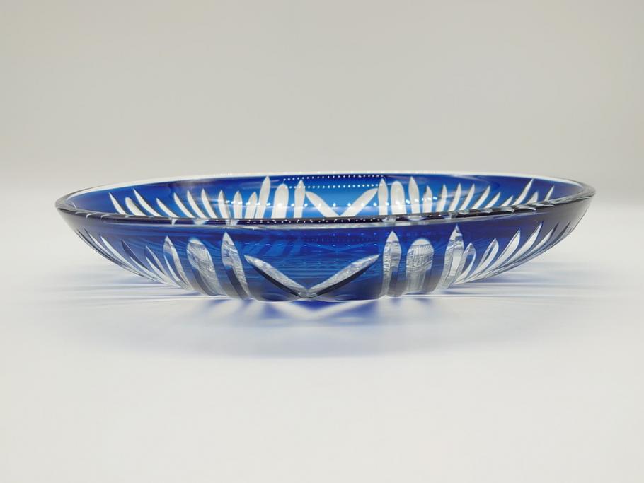 昭和初期　9寸　約27cm　青被せ切子ガラス皿(九寸、大皿、和食器)(R-062831)