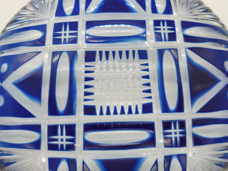 昭和初期　9寸　約27cm　青被せ切子ガラス皿(九寸、大皿、和食器)(R-062831)