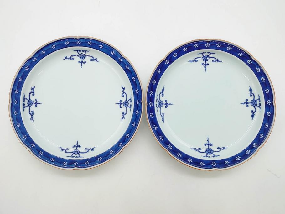 源右衛門窯　有田焼　染付四方唐草　(大)約22cm　7.3寸　(小)約19cm　6.2寸　上品な佇まいの中皿10枚セット(花、取り皿、和皿、和食器、裏印、共箱付き、七寸三分、六寸二分)(R-081496)