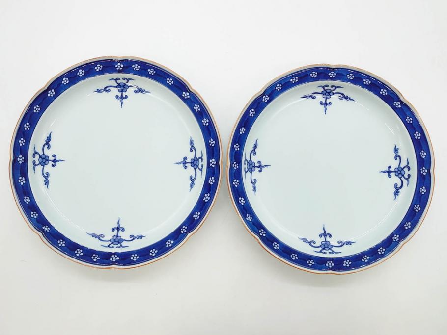 源右衛門窯　有田焼　染付四方唐草　(大)約22cm　7.3寸　(小)約19cm　6.2寸　上品な佇まいの中皿10枚セット(花、取り皿、和皿、和食器、裏印、共箱付き、七寸三分、六寸二分)(R-081496)