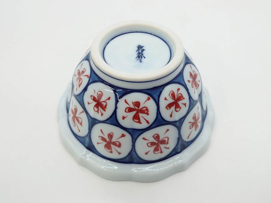 田代亮秀　有田焼　古代丸紋　小鉢　緑彩牡丹唐草紋　染錦花割紋　紺朱古代丸紋　3.5寸・7.1寸・8.9寸　優美なデザインが美しい皿2枚&鉢2客セット(向付、深鉢、大皿、深皿、和皿、和食器、裏印、共箱付き、三寸五分、七寸一分、八寸九分)(R-081497)