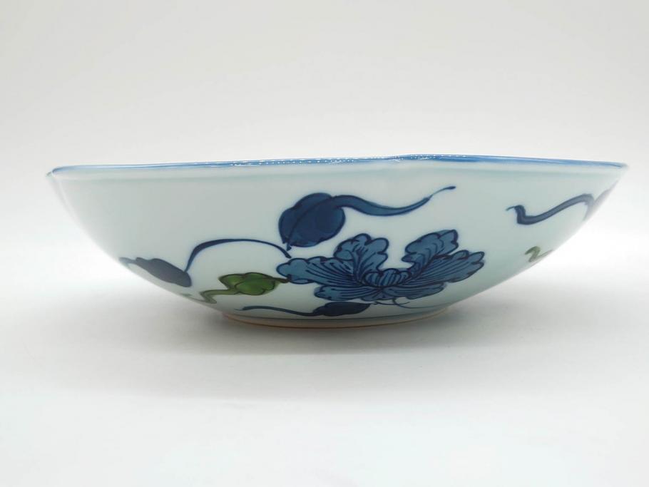 田代亮秀　有田焼　古代丸紋　小鉢　緑彩牡丹唐草紋　染錦花割紋　紺朱古代丸紋　3.5寸・7.1寸・8.9寸　優美なデザインが美しい皿2枚&鉢2客セット(向付、深鉢、大皿、深皿、和皿、和食器、裏印、共箱付き、三寸五分、七寸一分、八寸九分)(R-081497)