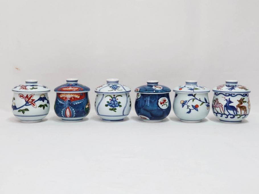 田代亮秀　有田焼　染錦　図変わり　約8.3cm　2.7寸　繊細な絵付けが見事な蒸茶碗6客セット(動物、果物、花割、野苺唐草、群鹿、梅花丸紋、裏印、和食器、共箱付き、二寸七分)(R-081498)