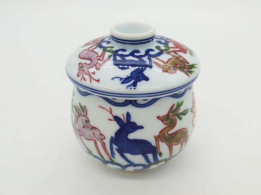 田代亮秀　有田焼　染錦　図変わり　約8.3cm　2.7寸　繊細な絵付けが見事な蒸茶碗6客セット(動物、果物、花割、野苺唐草、群鹿、梅花丸紋、裏印、和食器、共箱付き、二寸七分)(R-081498)
