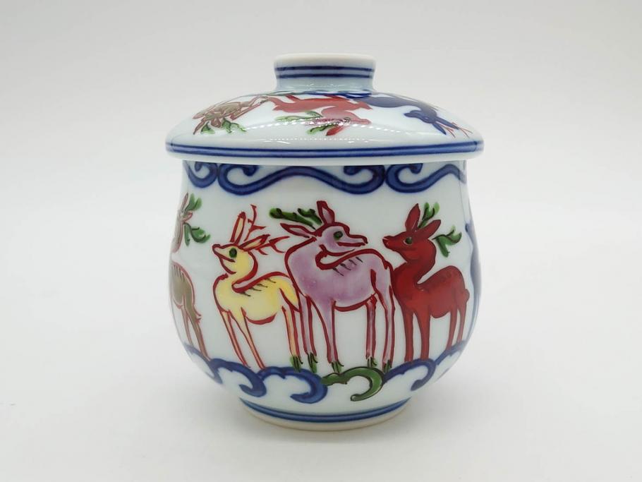 田代亮秀　有田焼　染錦　図変わり　約8.3cm　2.7寸　繊細な絵付けが見事な蒸茶碗6客セット(動物、果物、花割、野苺唐草、群鹿、梅花丸紋、裏印、和食器、共箱付き、二寸七分)(R-081498)